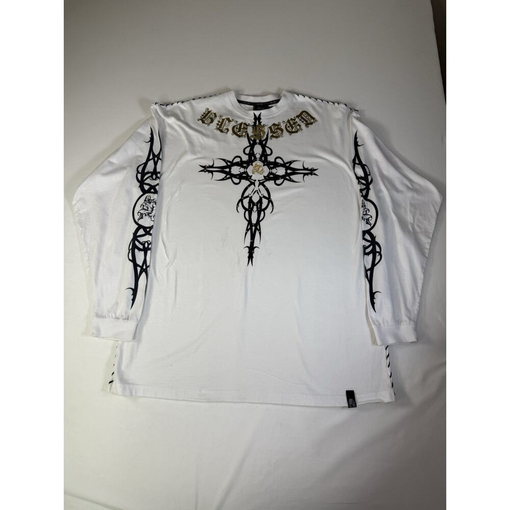 CEZER EMBELLLISHED MENS CL BIG WHITE LONG SLEEVE GRAPHIC LOGO SHIRT XL